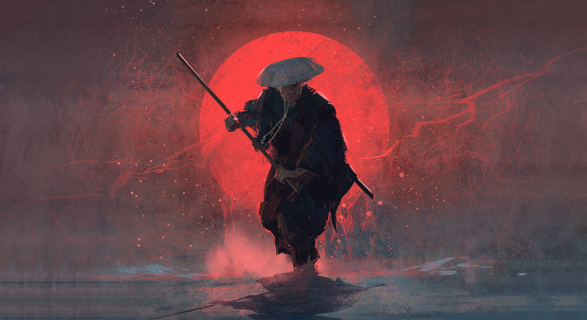Samurai And Red Moon Wallpaper