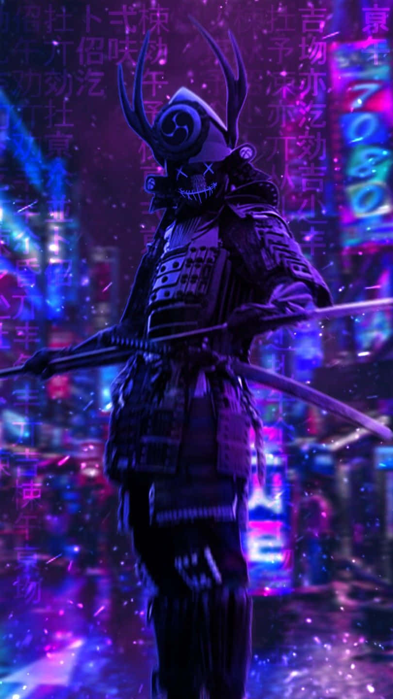 Animesamurai Púrpura Oscuro En Cyberpunk Tokyo Fondo de pantalla