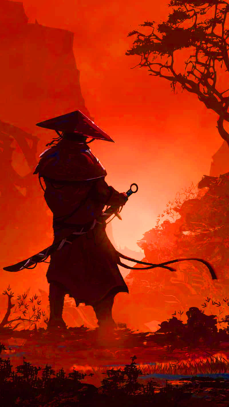 Samuraianime Ronin Guerrero Montaña Roja Fondo de pantalla