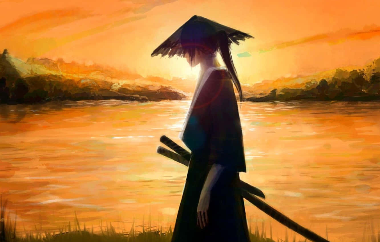 Samuraiguerero Del Anime Caminando Solo En El Atardecer. Fondo de pantalla