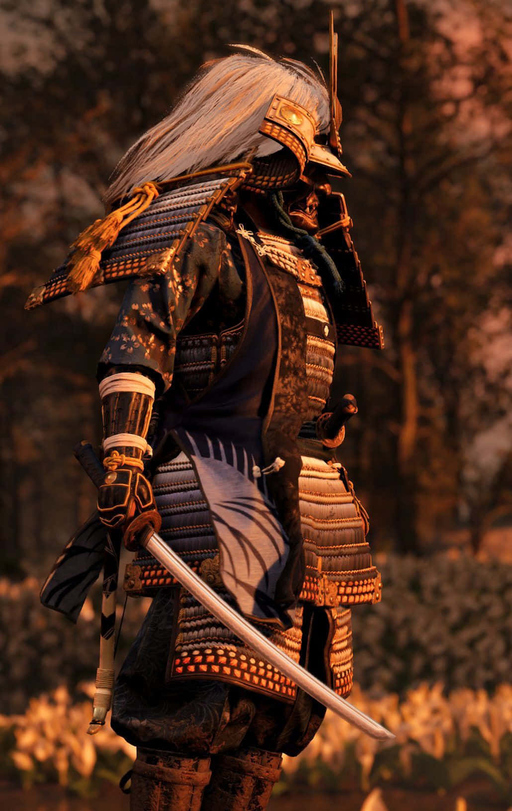 Majestic Samurai Armor Displayed Against a Dark Background Wallpaper