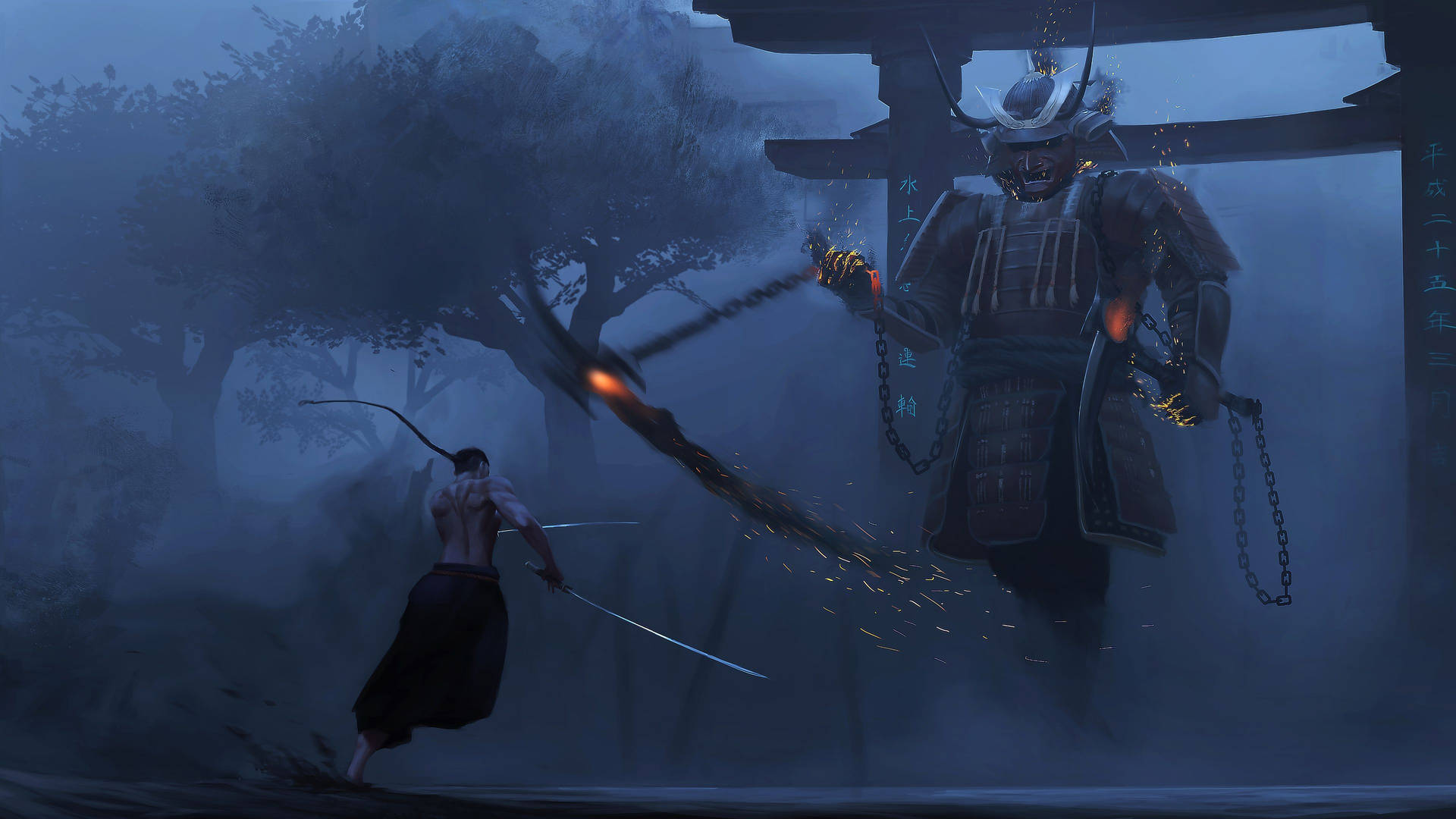Samuraikrieger Steht Am Abend In Tokio Wallpaper