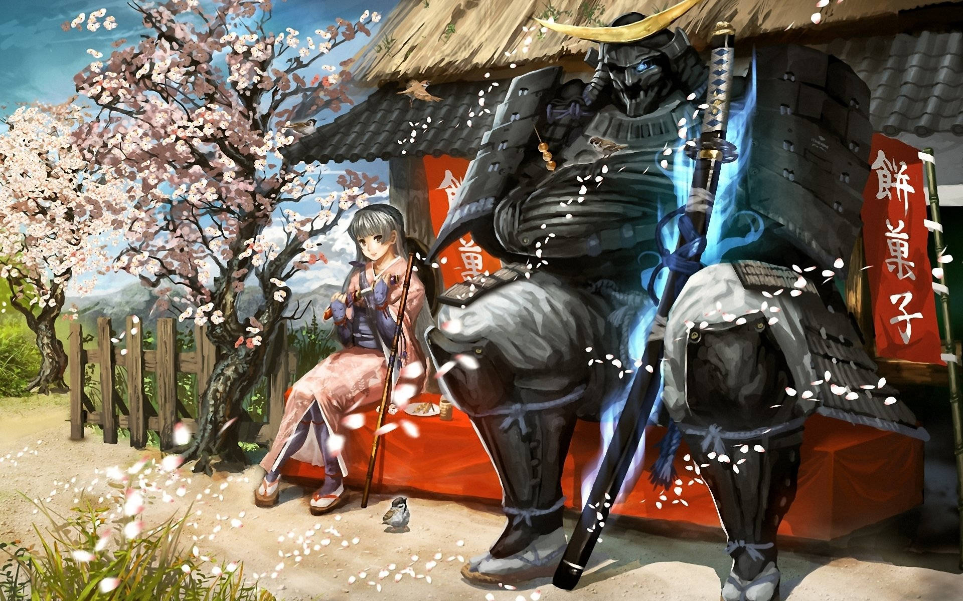 En samurai kunstværk af en kriger med en katana sværd Wallpaper