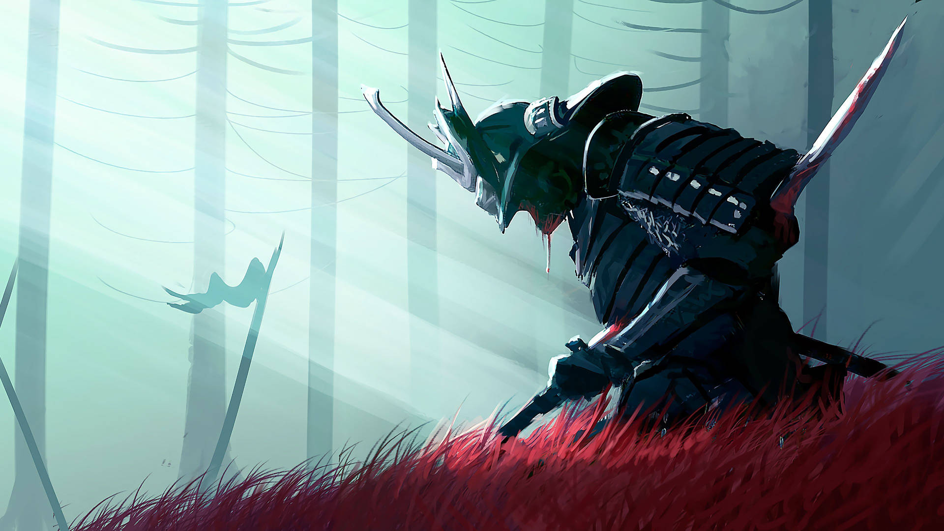 A Samurai In A Red Armor Standing In The Grass Wallpaper