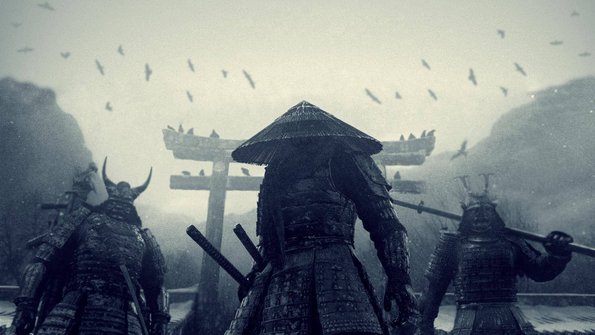A Samurai Prepares for Battle in Traditional Art Wallpaper