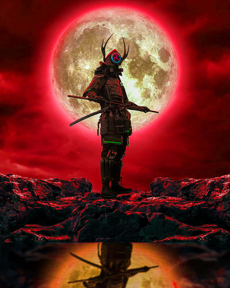 A lone samurai stands in a landscape at dusk