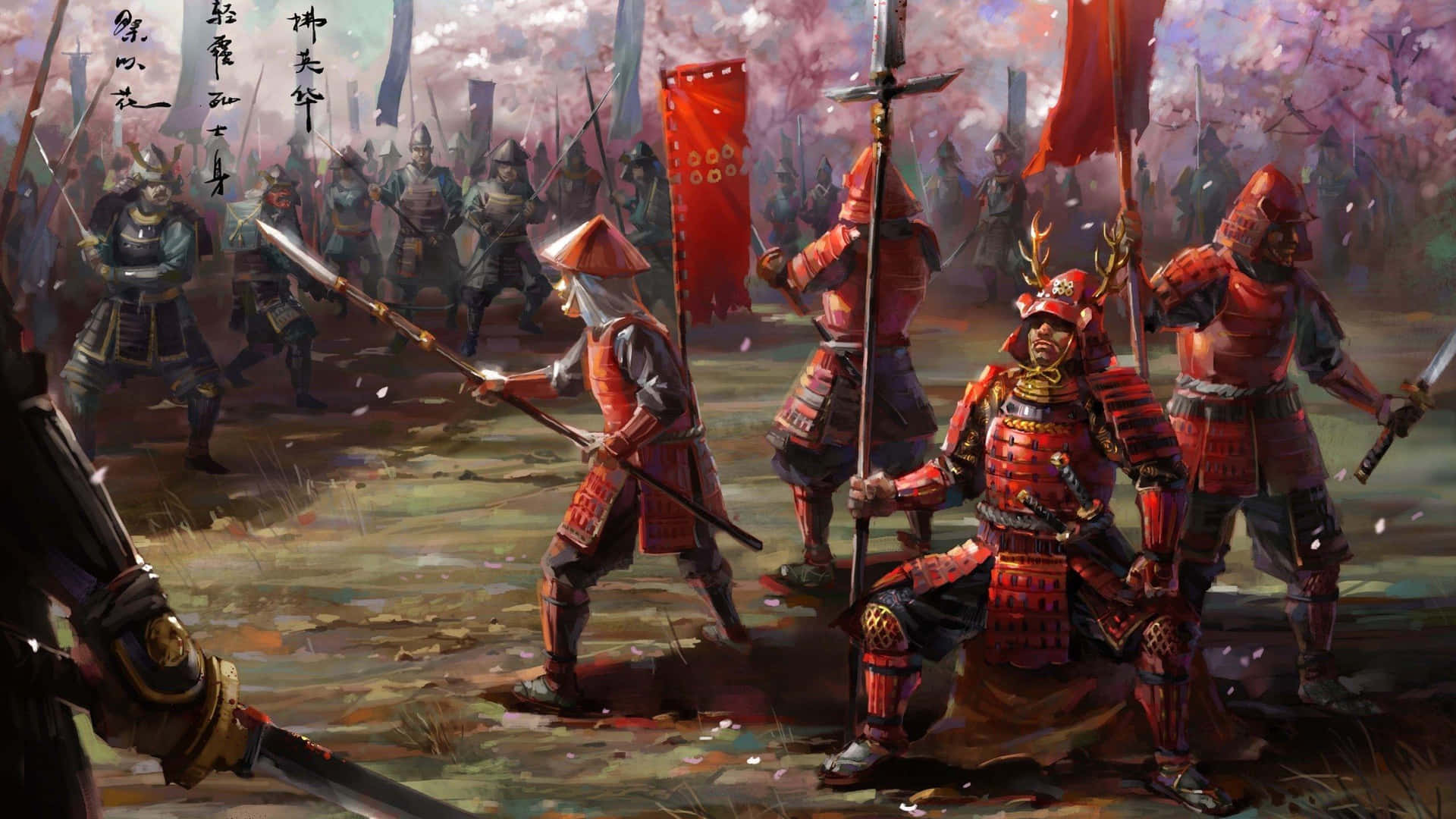 Fierce Samurai Battle in a Mystic Battlefield Wallpaper