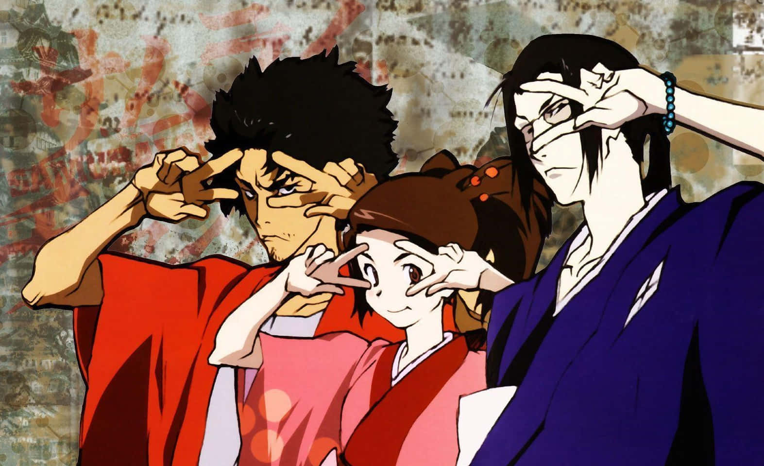 Mugen, Jin and Fuu traverse the streets of Edo to find the Sunflower Samurai