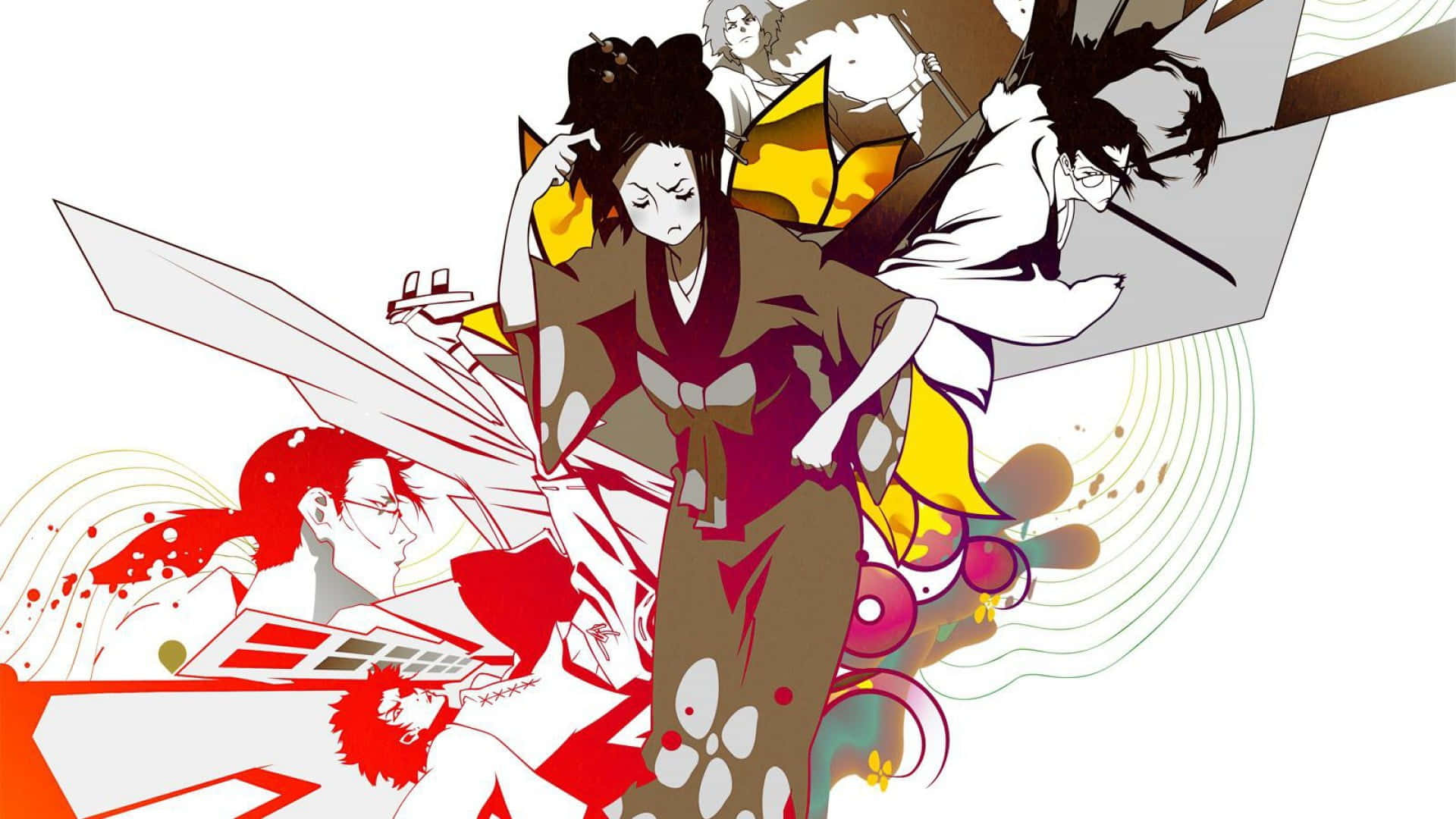 Enklassisk Scene Fra Samurai Champloo, Hvor Mugen, Fuu Og Jin Demonstrerer Deres Katana-færdigheder.