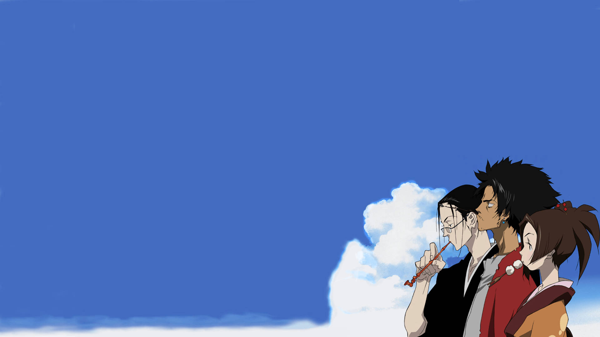 The main characters of Samurai Champloo, Mugen, Jin, and Fuu, standing together against a blue sky backdrop. Wallpaper