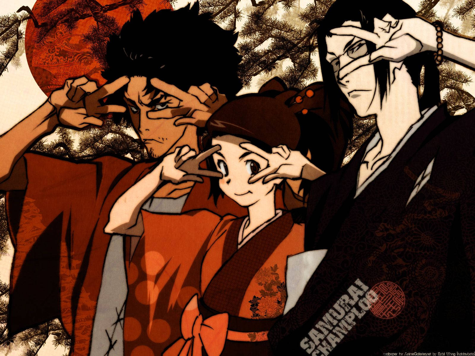 Mugen, Jin and Fuu of Samurai Champloo Cute and Fun Posed Together Wallpaper