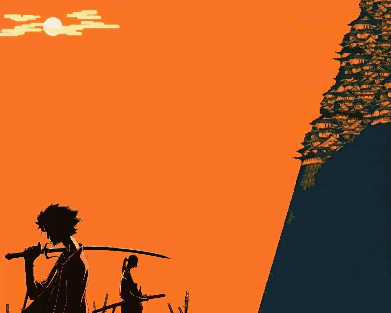 Mugen, Jin, and Fuu in a village in the "Samurai Champloo" anime series Wallpaper
