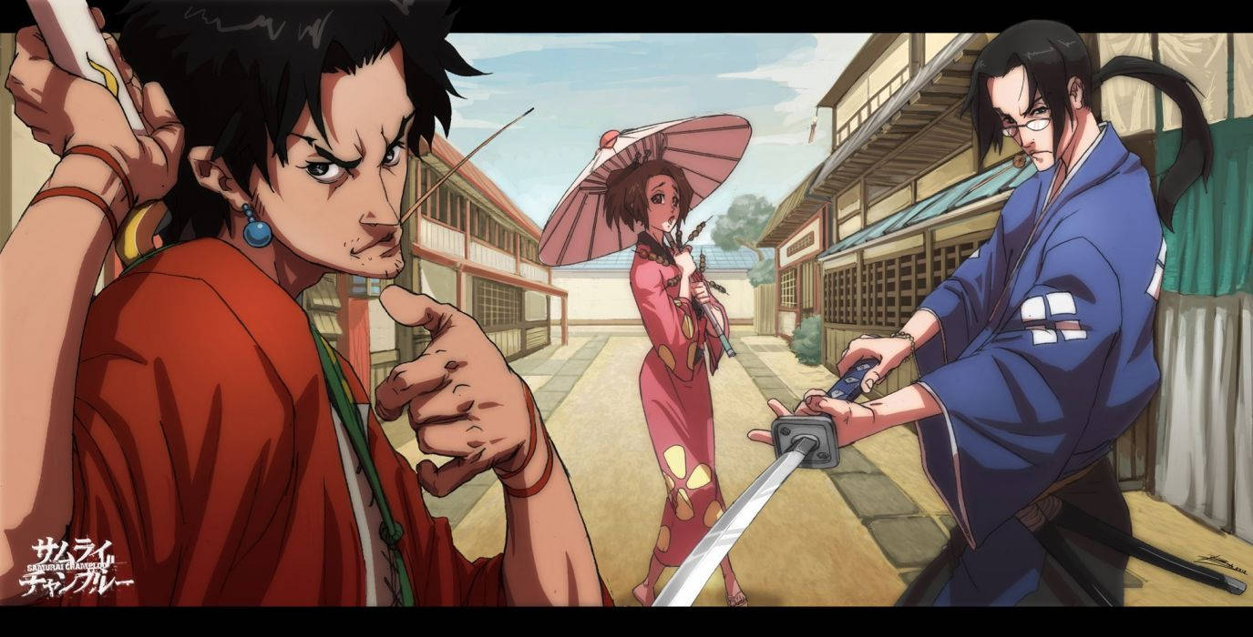 Jin,fuu E Mugen, Os Três Protagonistas Do Anime Samurai Champloo. Papel de Parede
