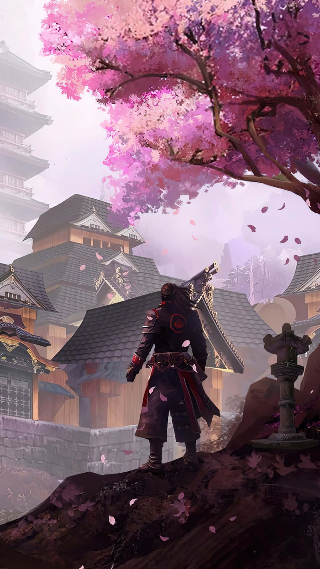 Samurai Cherry Blossom Village Wallpaper