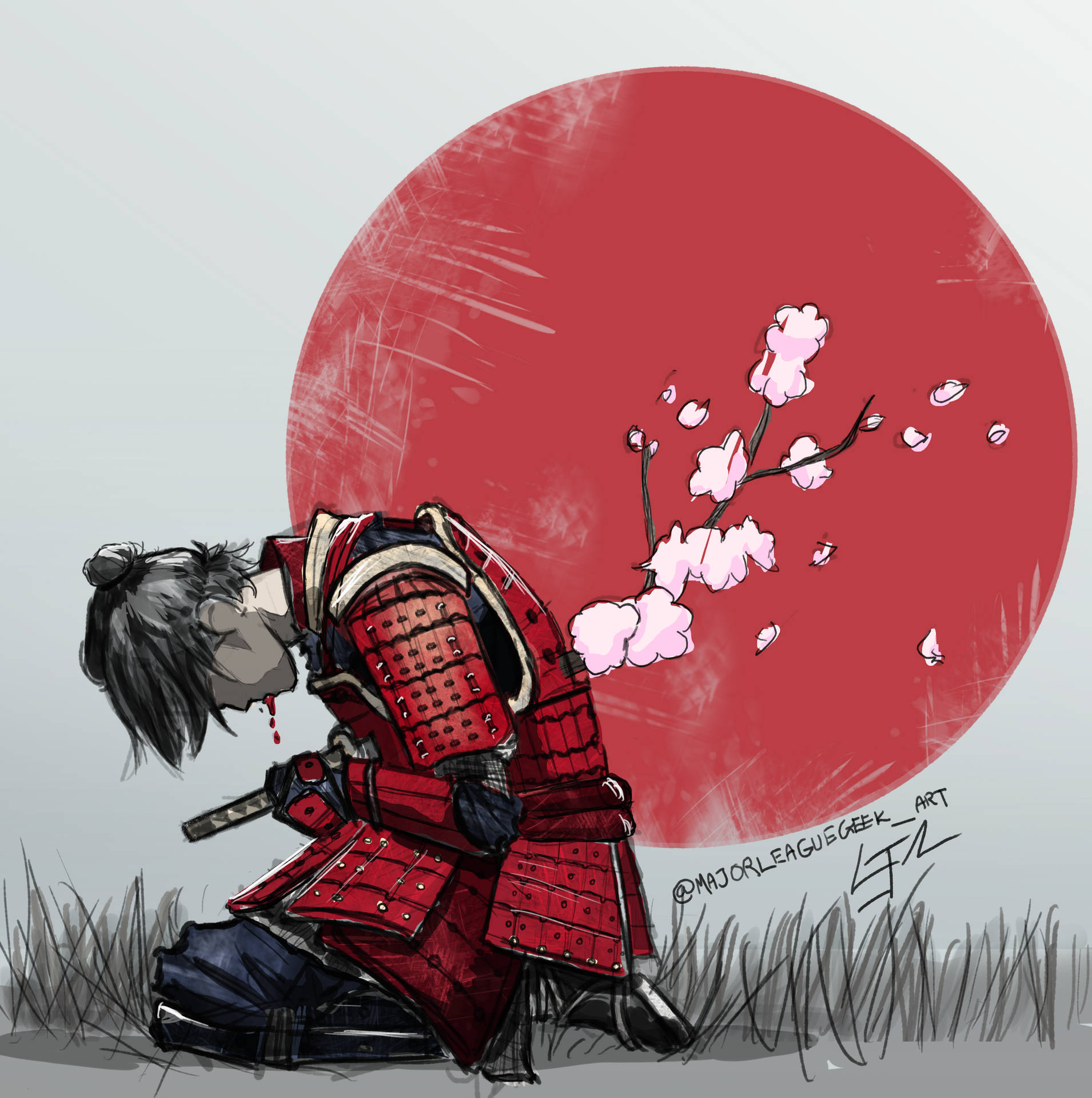 Samurai udfører seppuku med kirsebærtrer i baggrunden Wallpaper