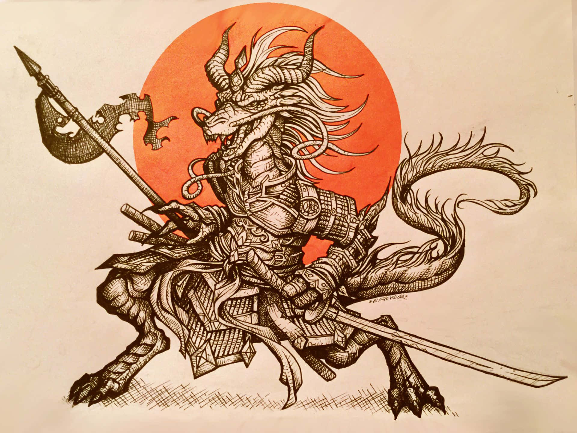 Fierce Samurai and Mythical Dragon Battle Wallpaper