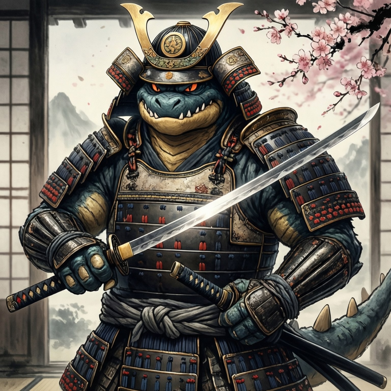 Garchomp as a samurai with armor and katana, cherry blossom background, ink style. — Garchomp Wallpaper