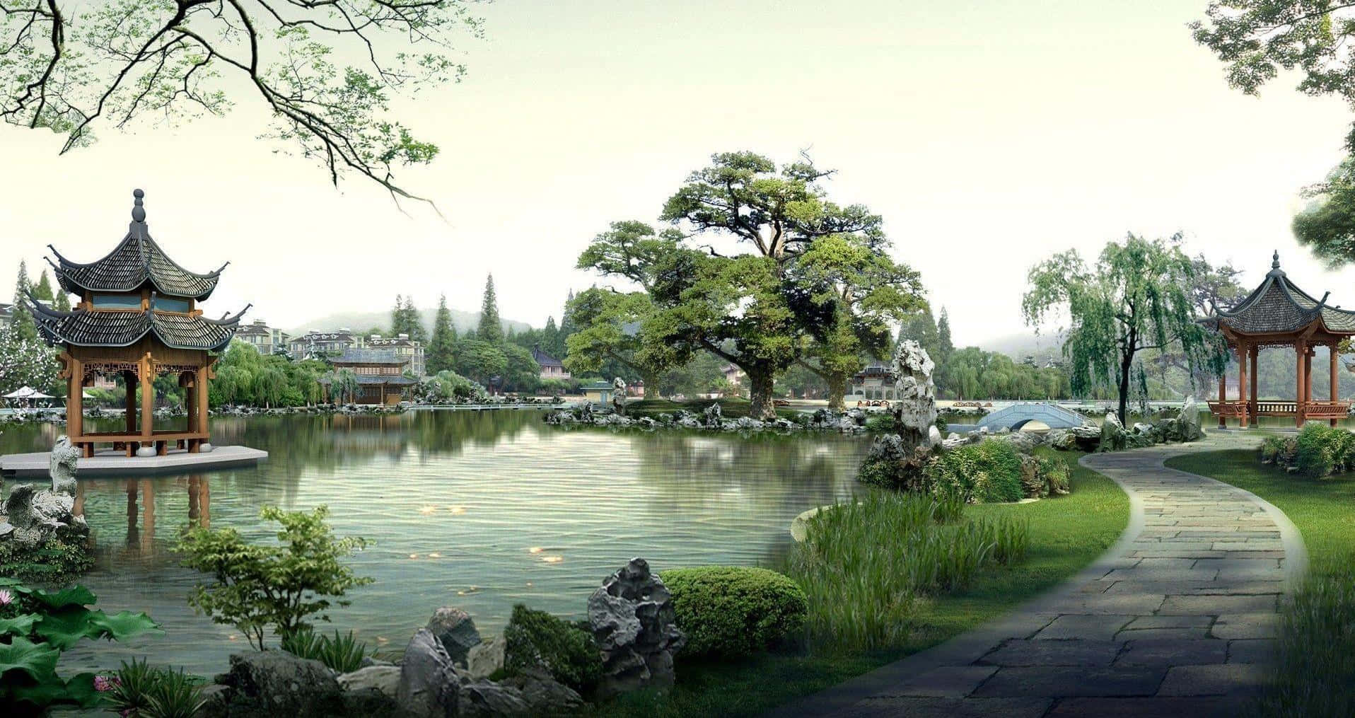 Serene Samurai Garden with Vibrant Greenery and Tranquil Pond Wallpaper