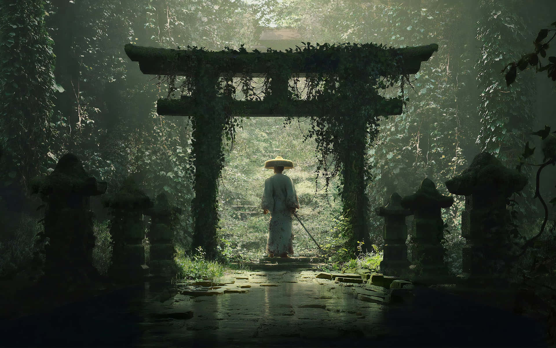 Serene Samurai Garden Scene Wallpaper