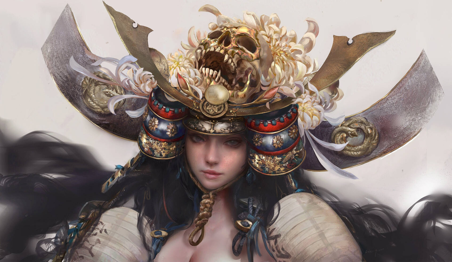 A female samurai wearing a skull headpiece Wallpaper