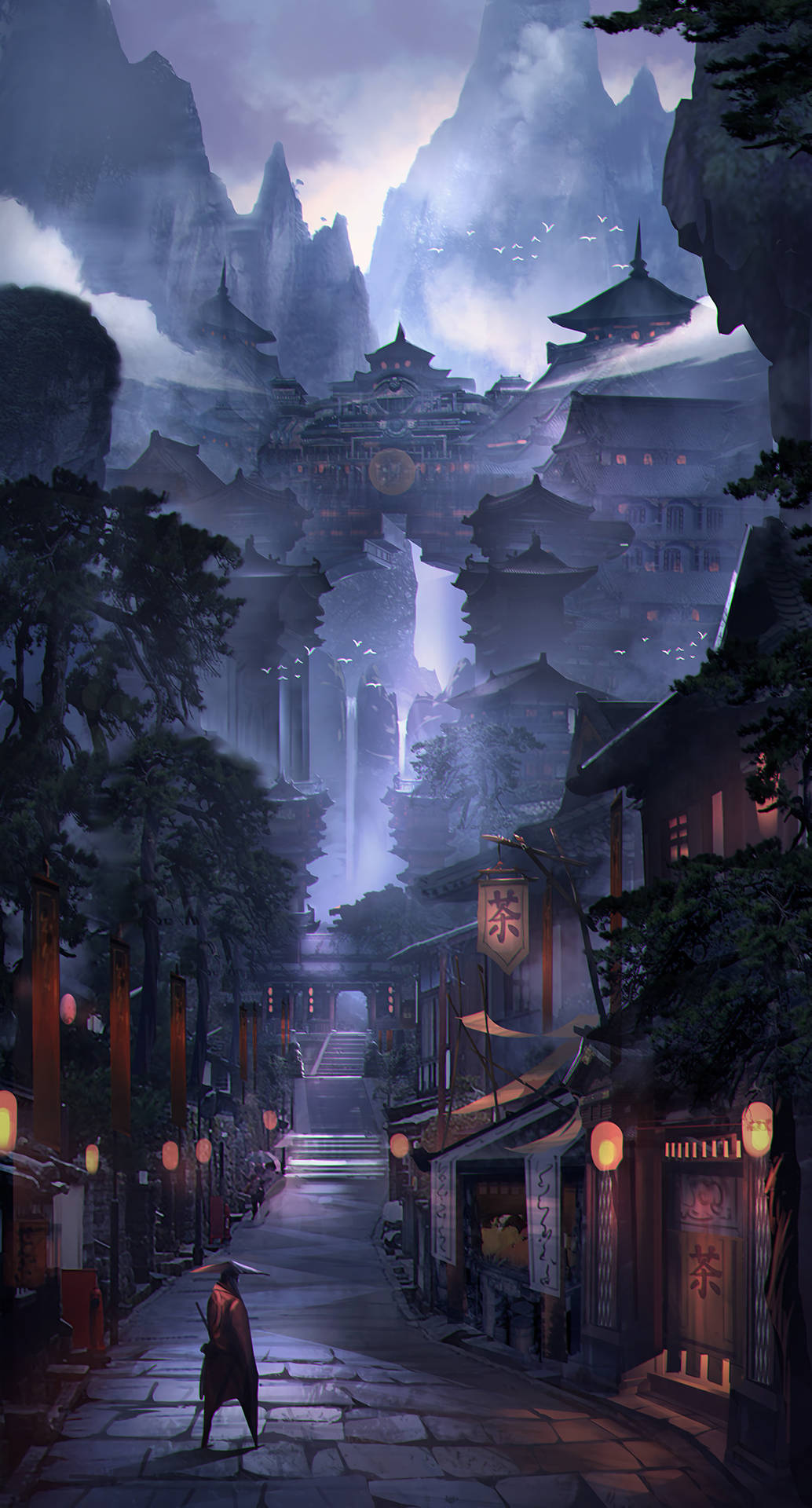A lone samurai stands in a historic Japanese alleyway. Wallpaper