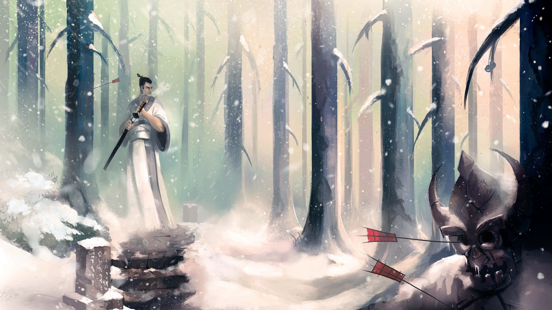 Samurai Jack in a battle-ready pose against a vibrant background.