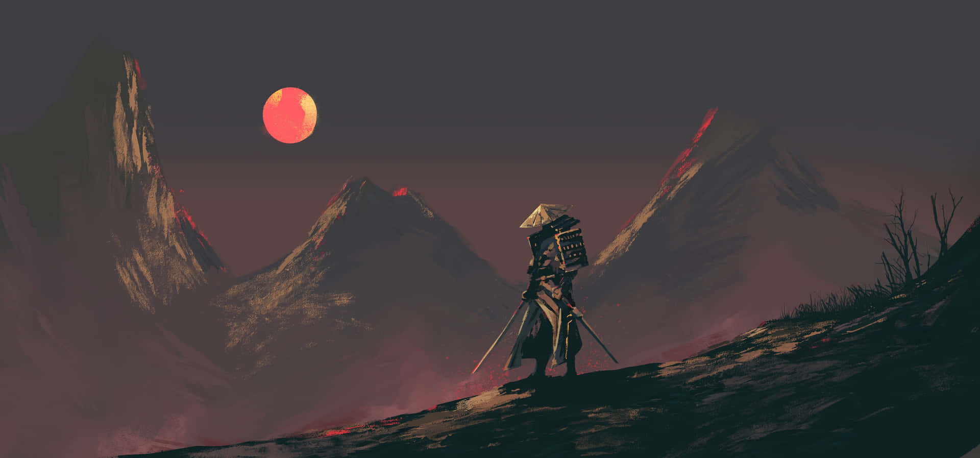 Majestic Samurai Landscape with a Warrior Stance Wallpaper