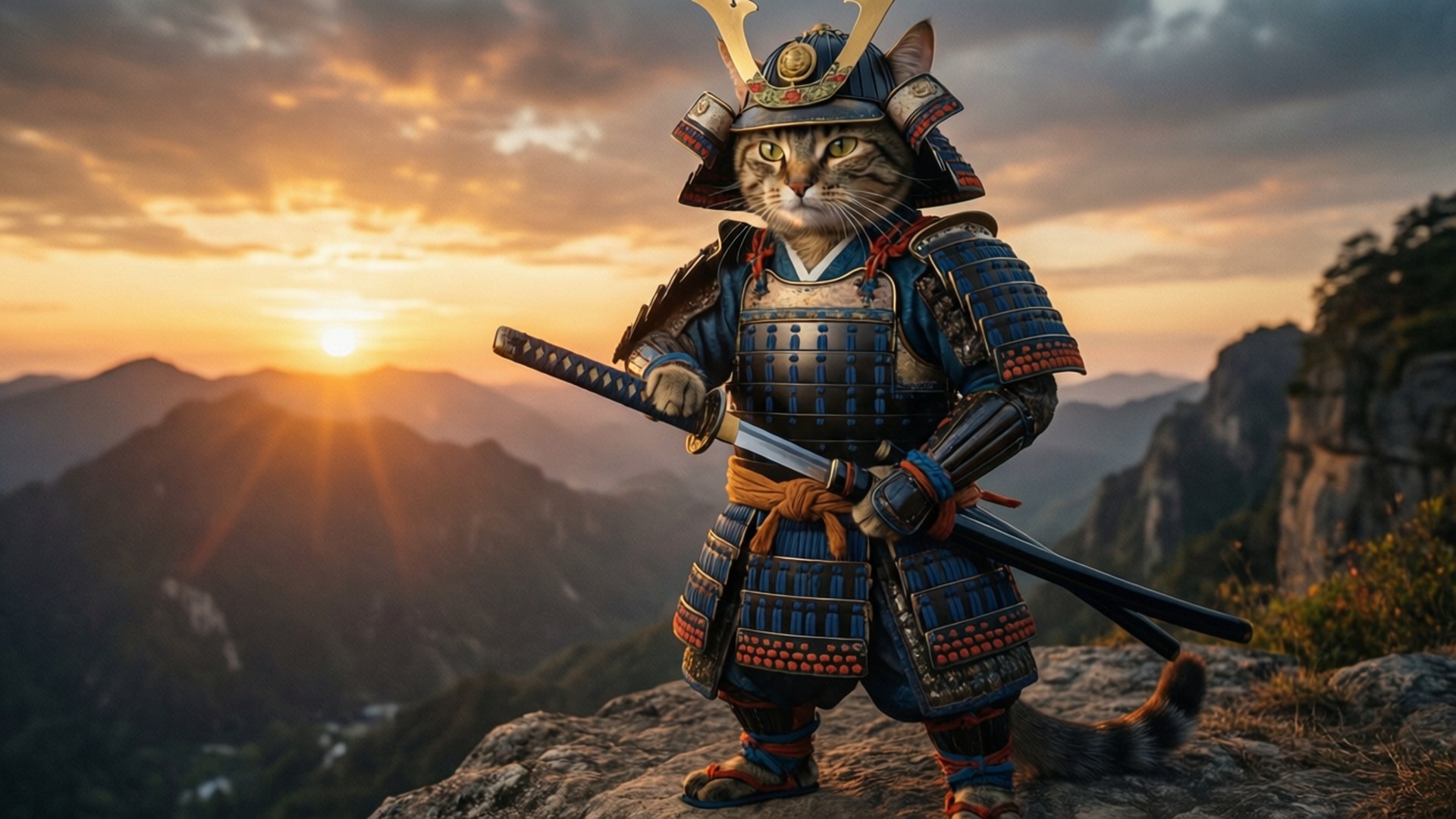Maxwell il gatto incarna un guerriero samurai al tramonto.