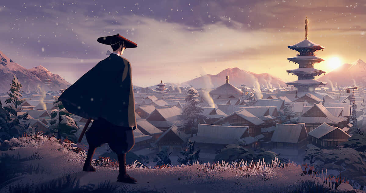 Samurai Overlooking Snowy Village Wallpaper