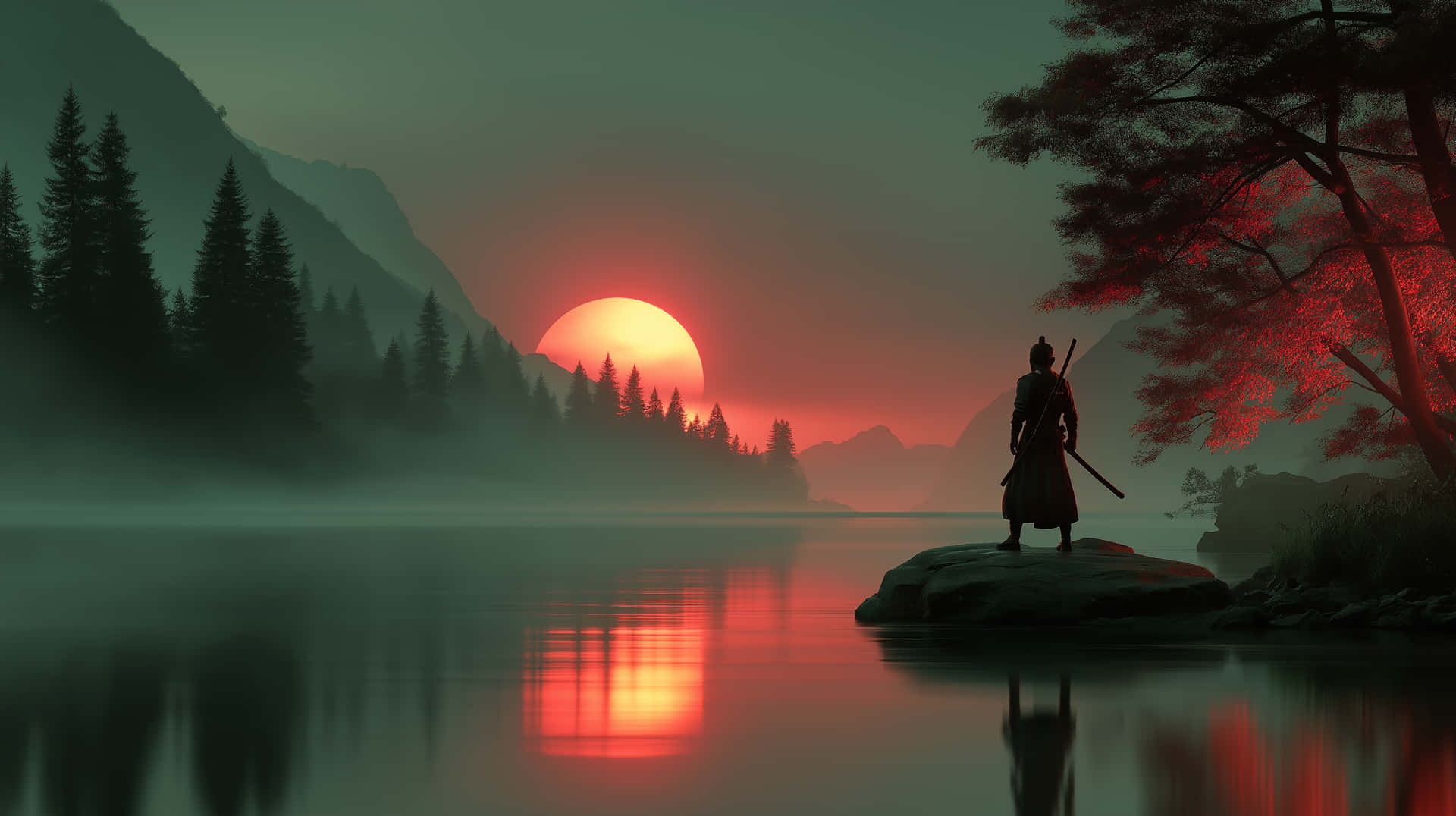 Samurai Silhouette At Sunset Over A Misty Lake Landscape Wallpaper