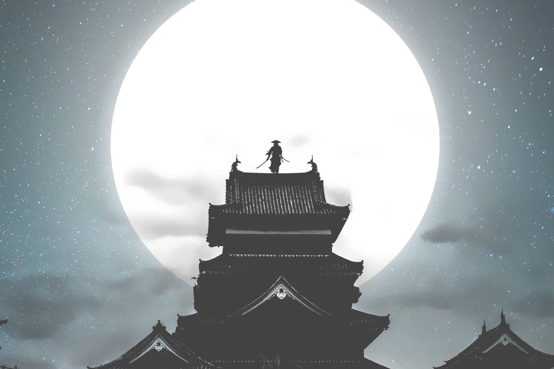Samurai Silhouette On Moon