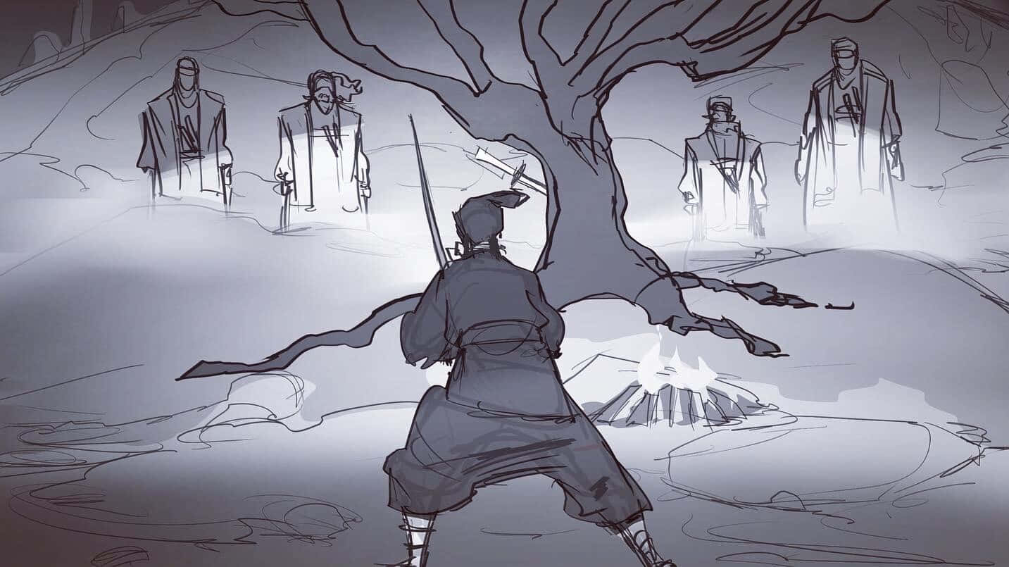 Samurai Standing Against Ghosts Sketch Wallpaper