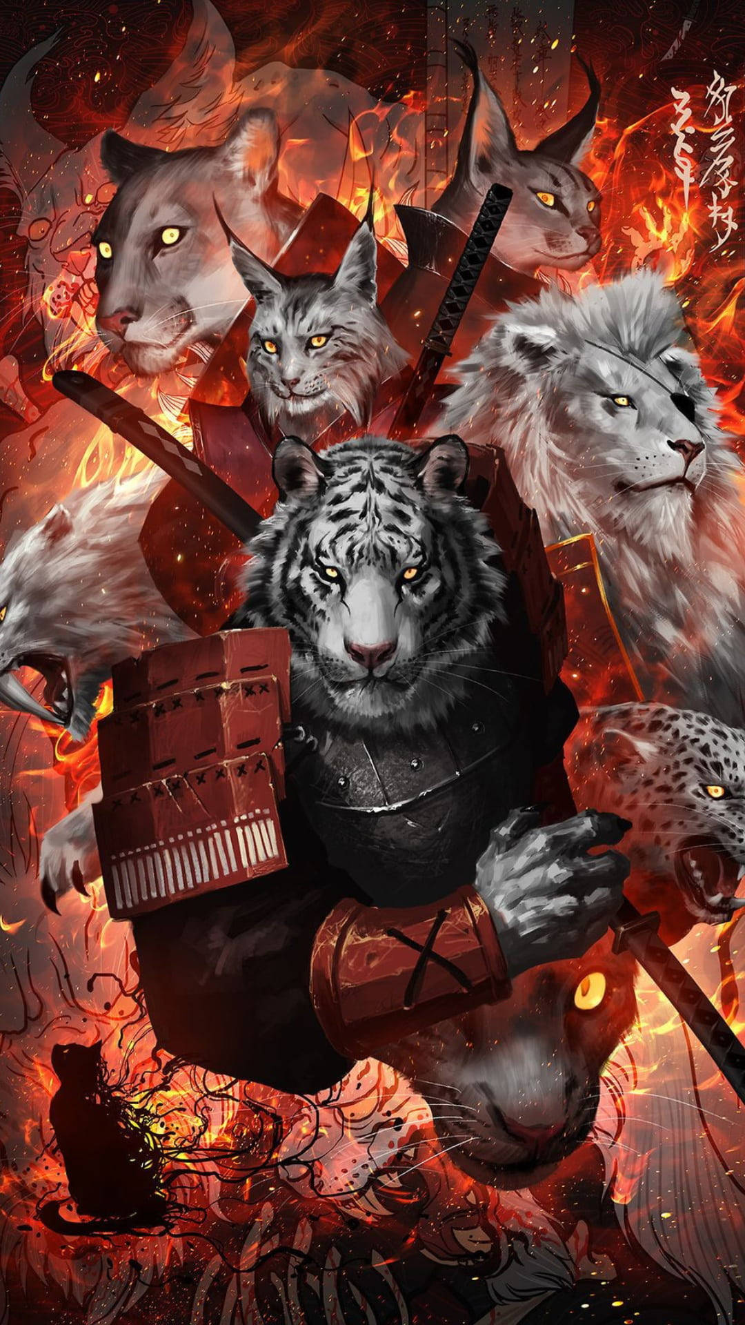 Samurai Style Lion And Tiger Art Background