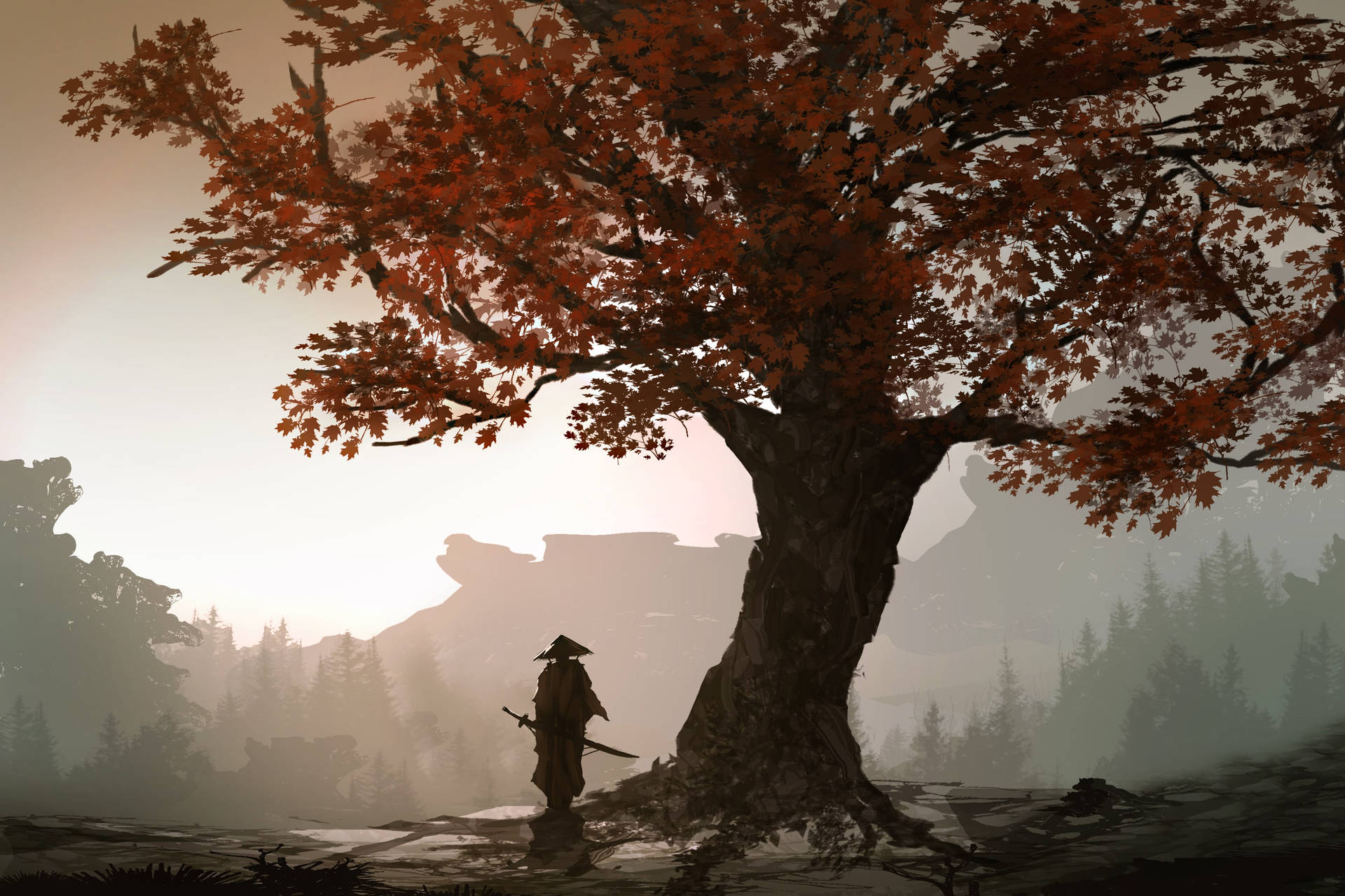 A Samurai Prepares For Battle Under An Autumn Tree Wallpaper