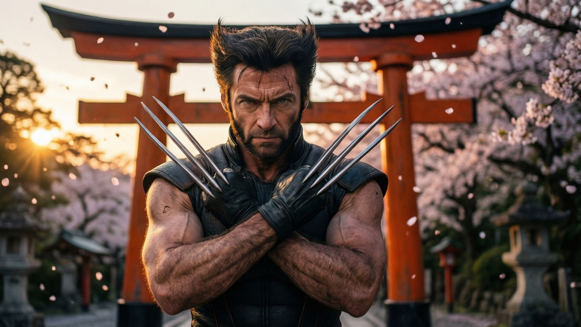 Wolverine met klauwen bij een Japanse torii-poort.