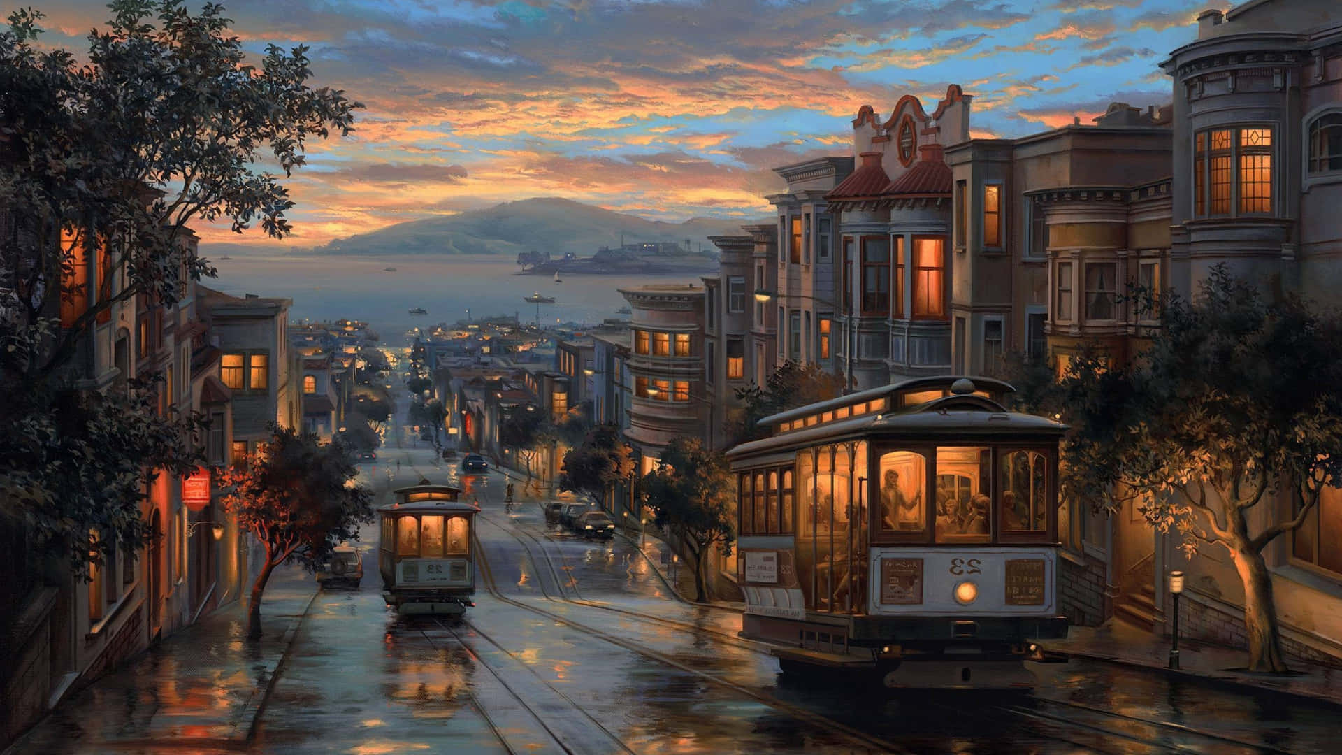 San Francisco Cable Cars Sunset Glow Wallpaper