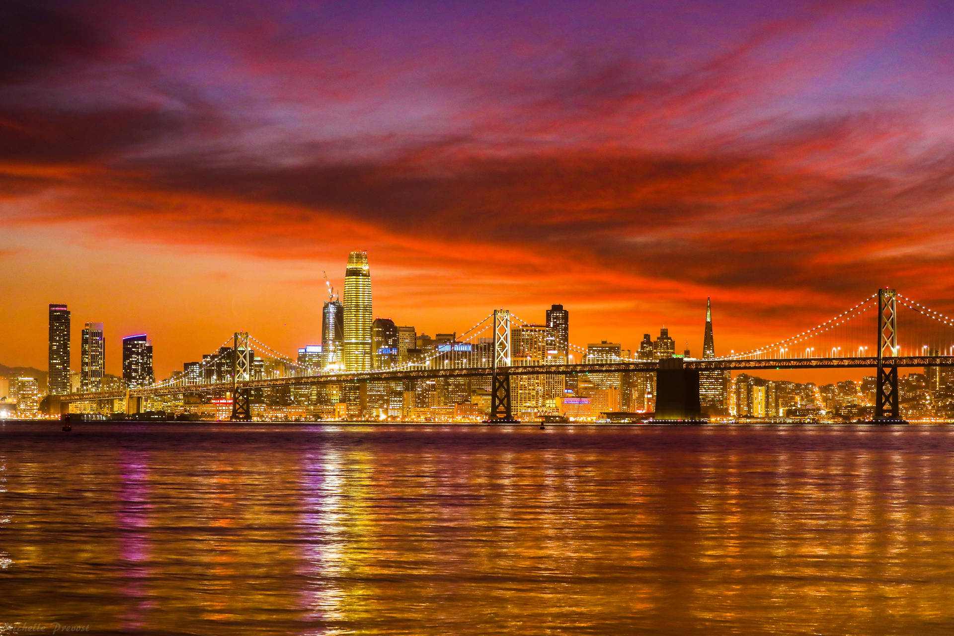San Francisco Skyline With Orange Sunset Wallpaper