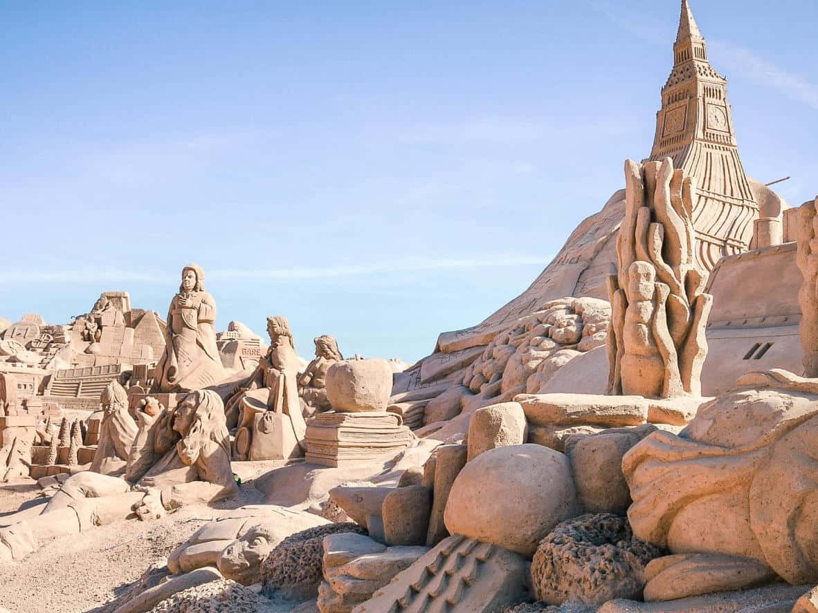 A Sand Sculpture With A Tower And Other Structures