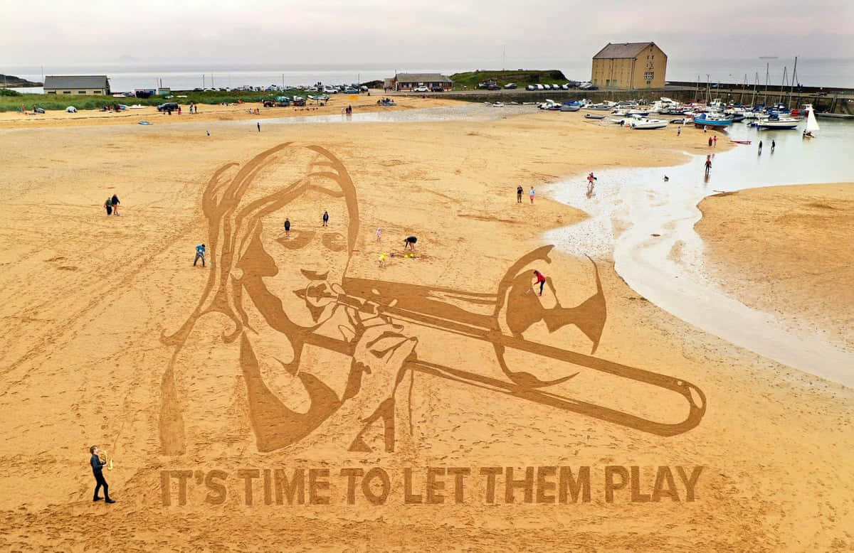 A Drawing Of A Woman Playing A Trumpet On The Beach