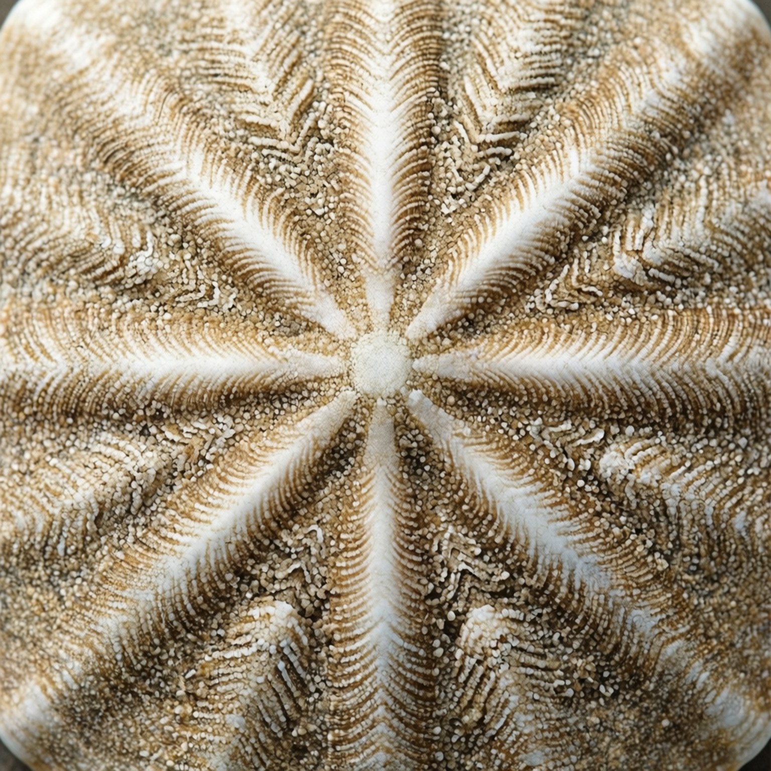Top-down tekstur af sand dollar med indviklede markeringer, beige og hvid.