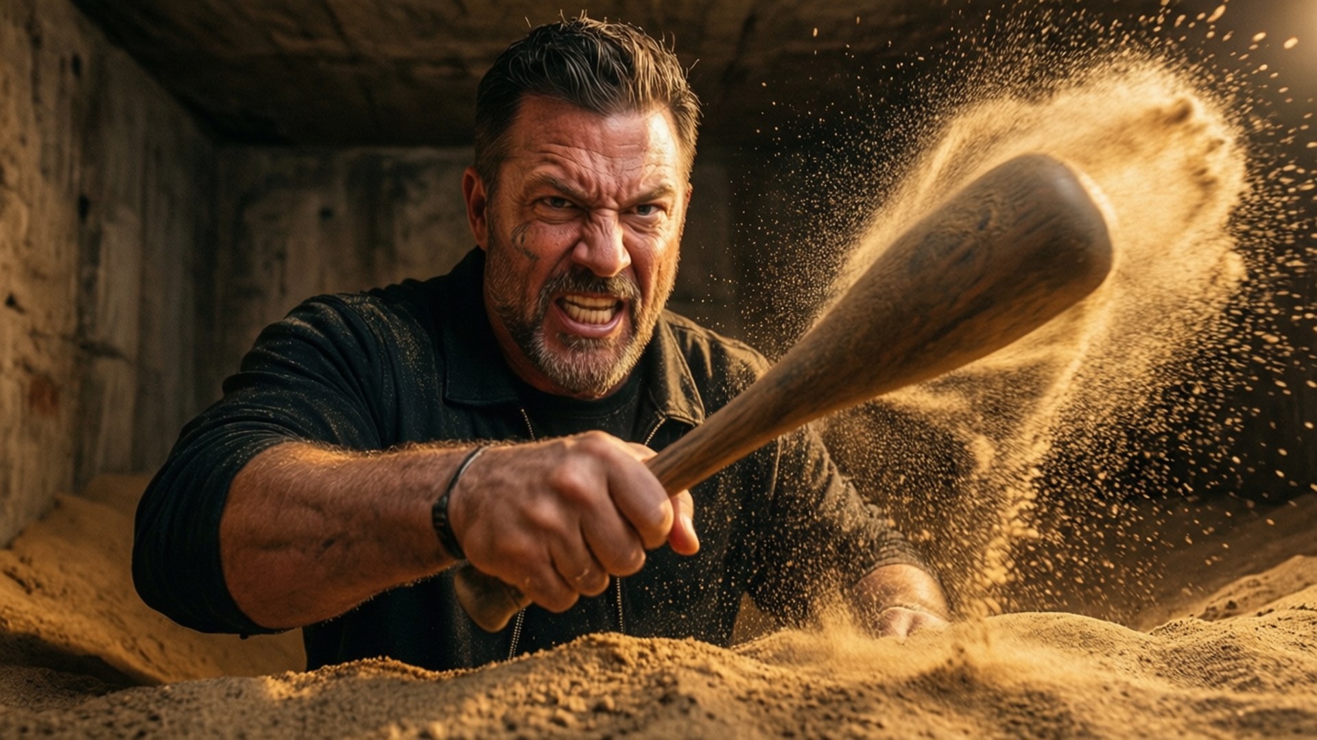 A man in a bunker swings a bat through sand with intense force.