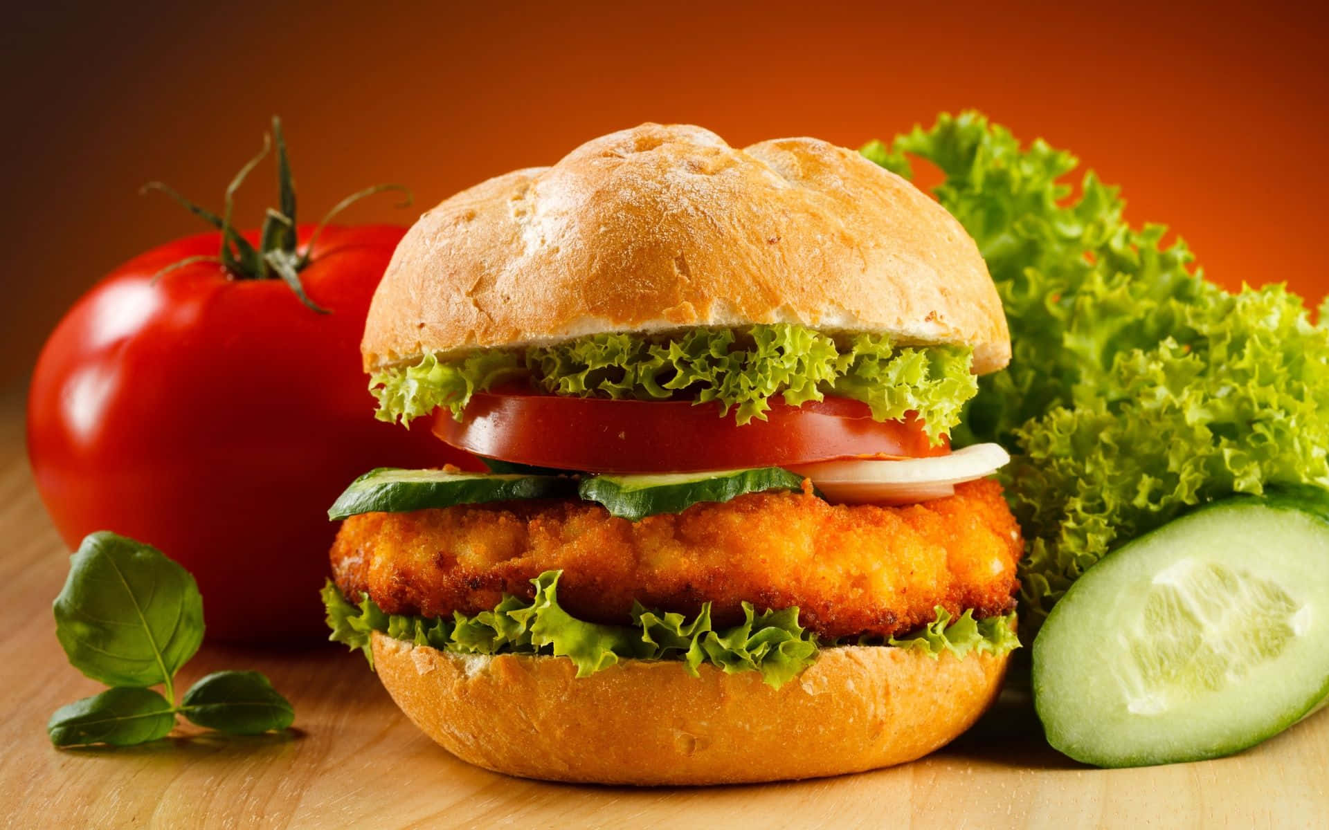 A Chicken Burger With Tomatoes, Lettuce And Cucumbers