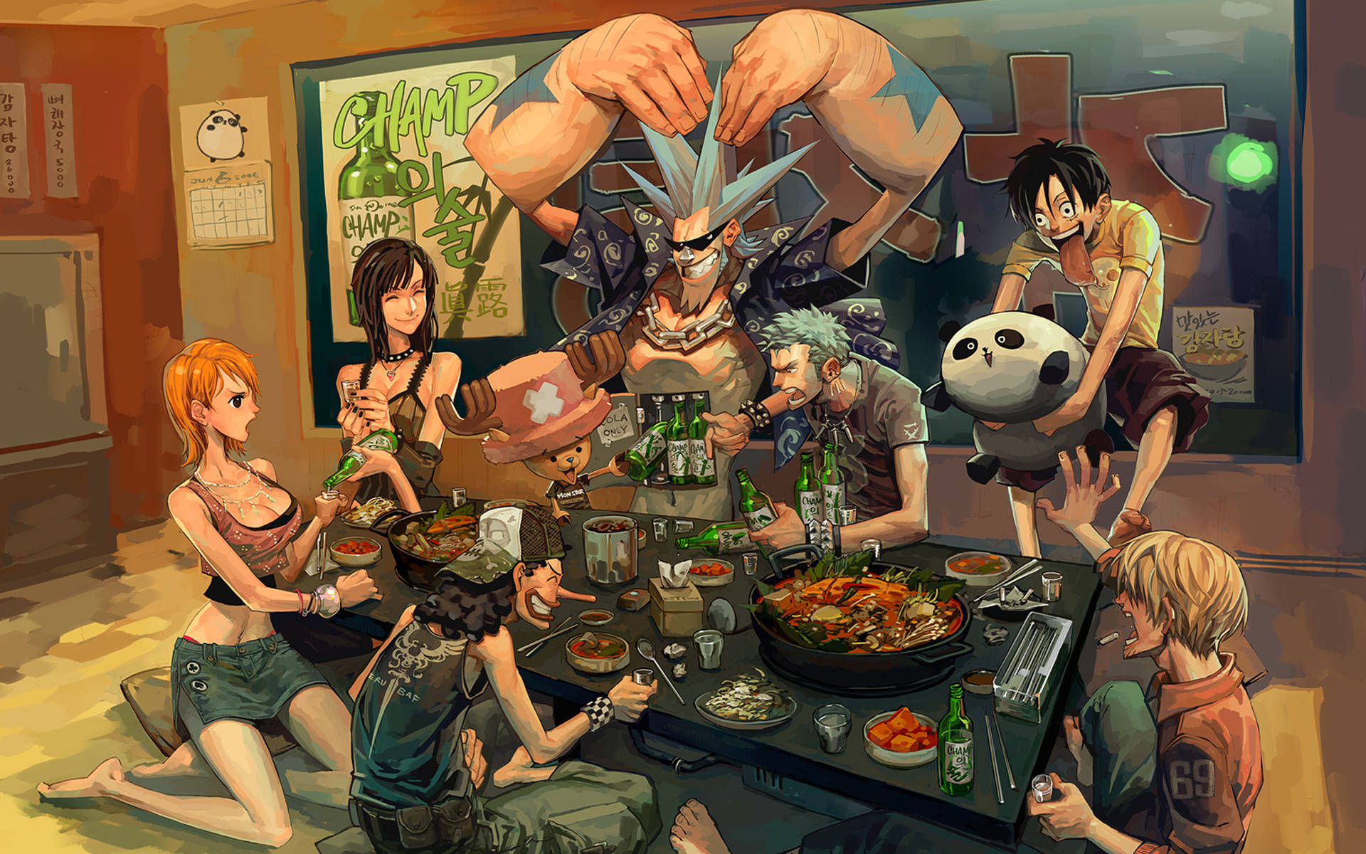 Sanji og venner nyder at spise middag sammen. Wallpaper