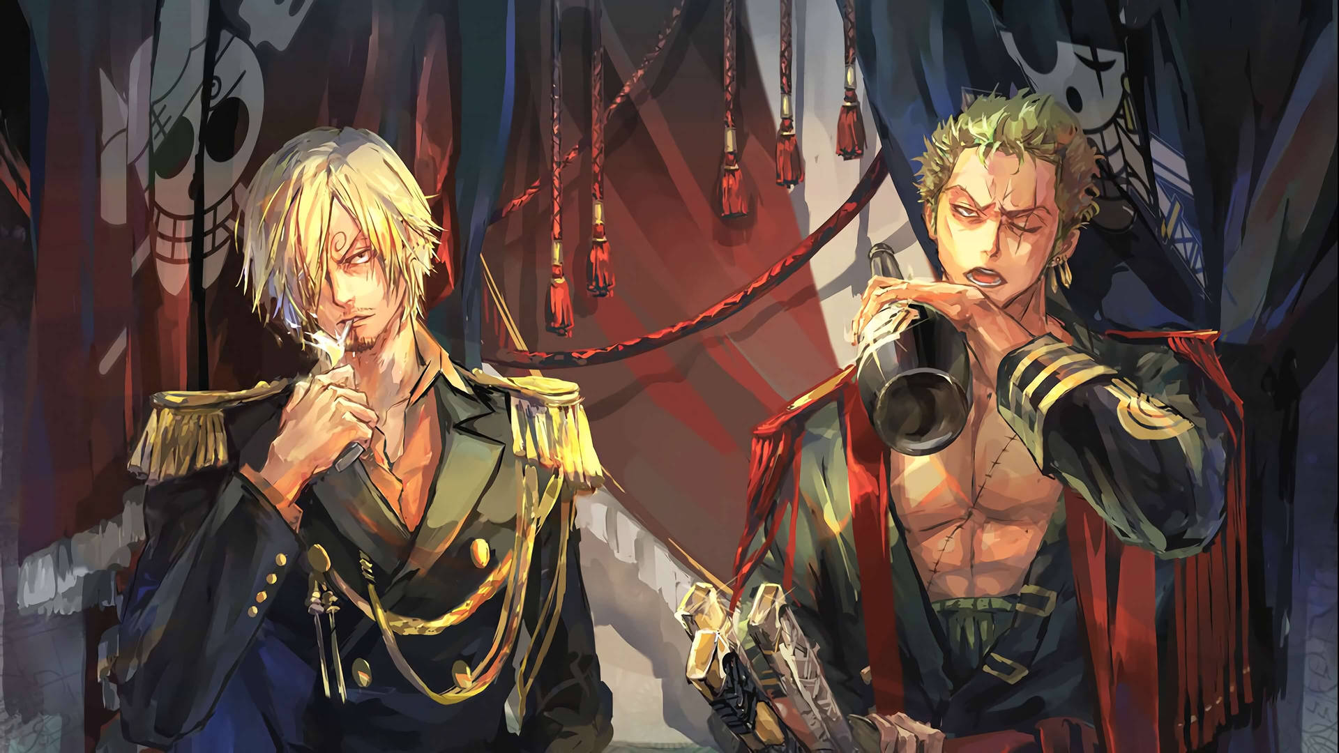 Sanji and Zoro against evil forces in their soldier outfits Wallpaper
