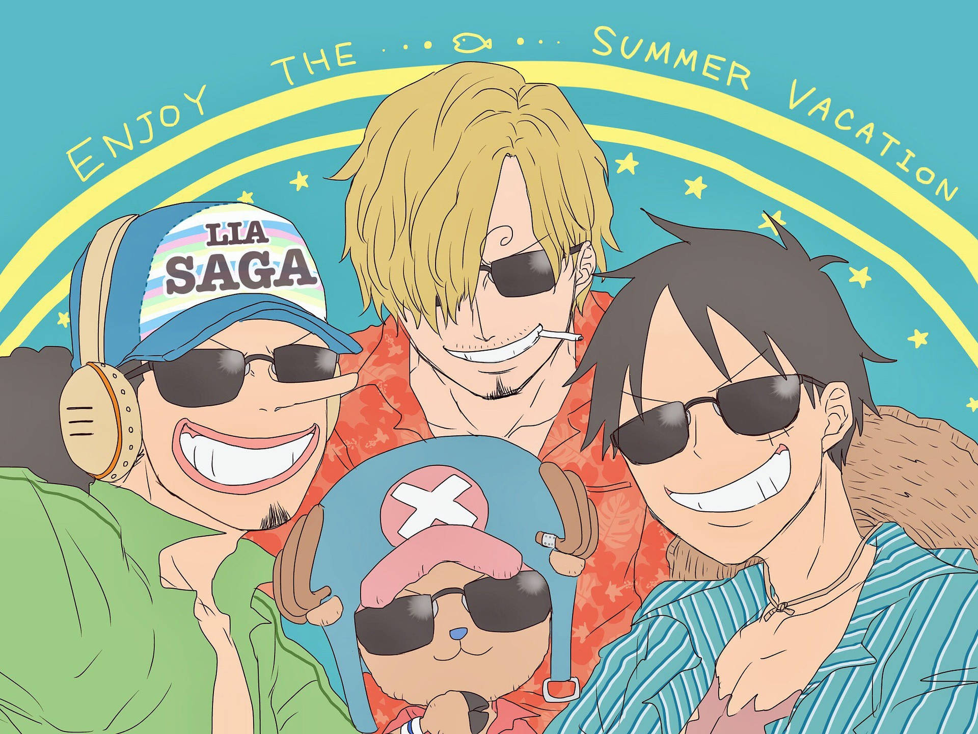 Sanji og hans venner sammen for at fejre deres sejr. Wallpaper