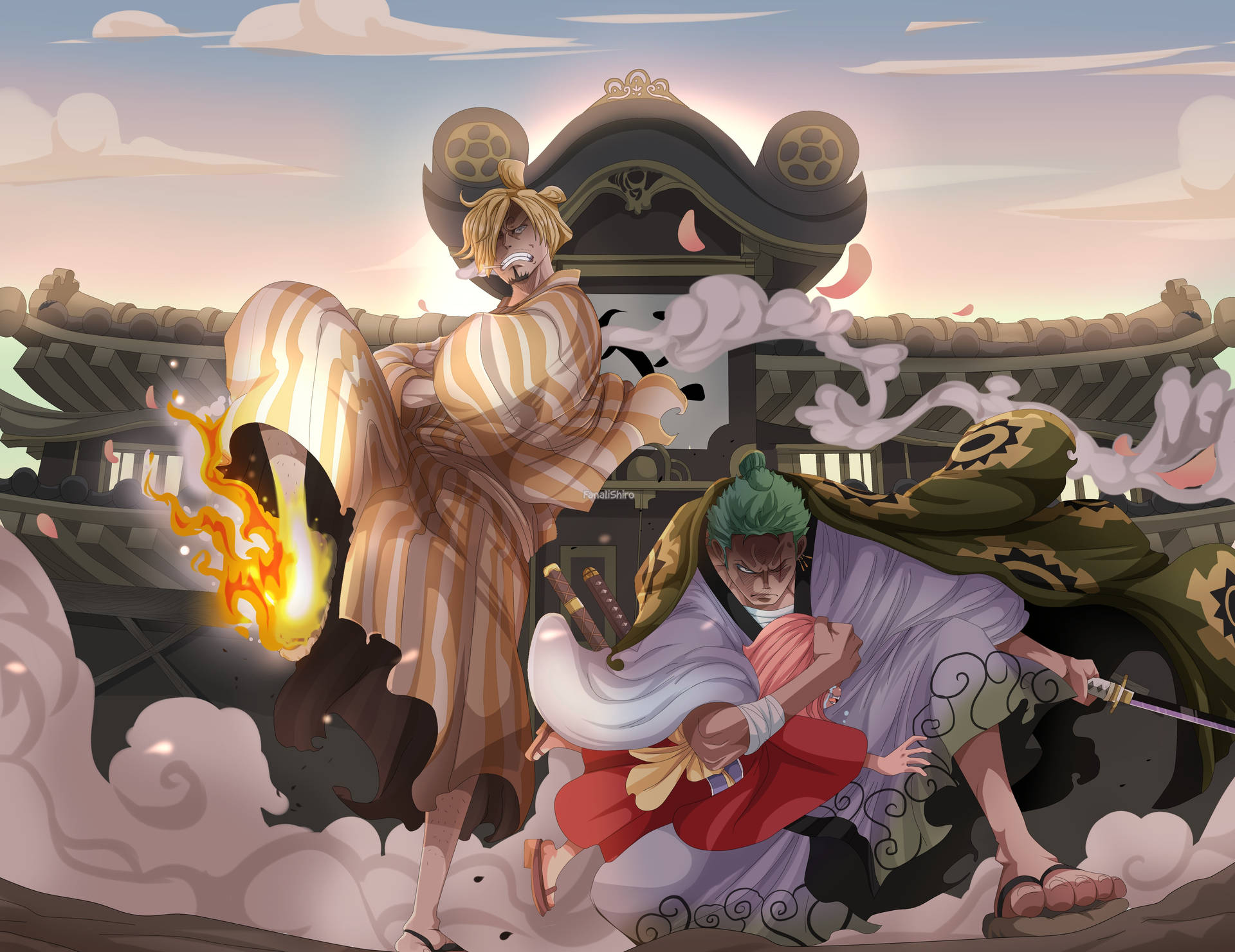 Sanji Zoro Protecting Toko One Piece Wano 4K Wallpaper