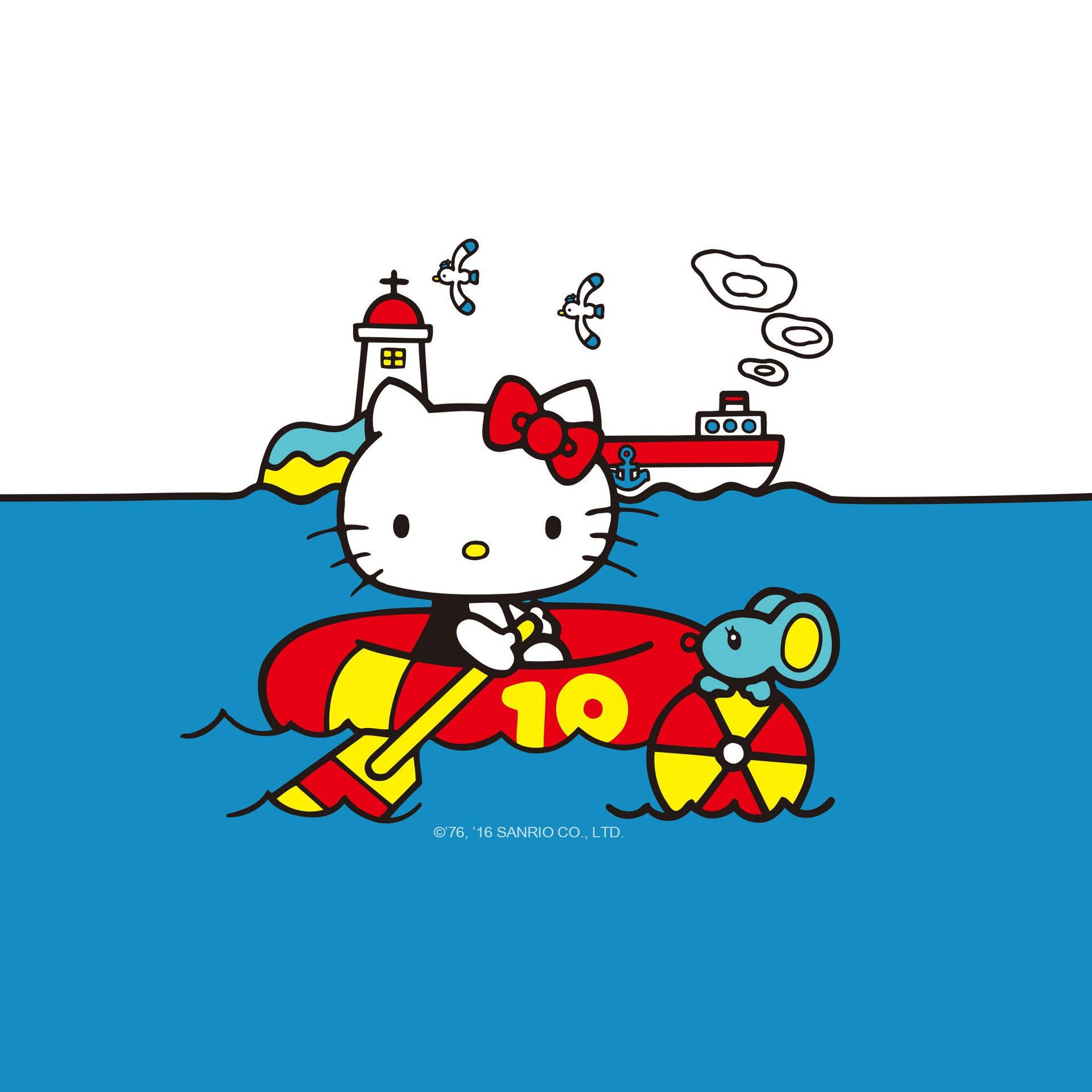 Sail away on a Hello Kitty Lifeboat Wallpaper