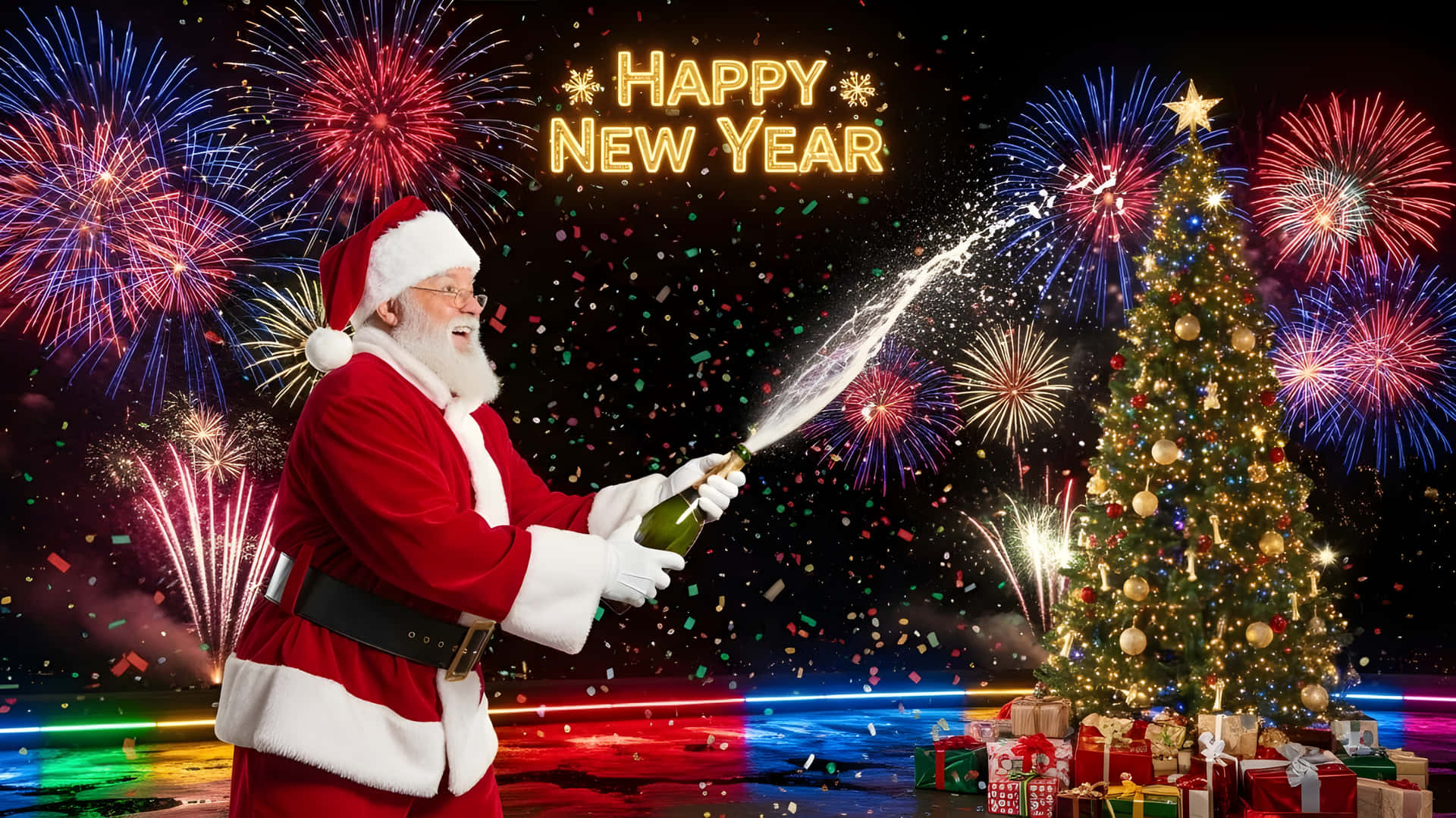 Santa Celebrates New Year's Eve With Champagne And Fireworks Wallpaper
