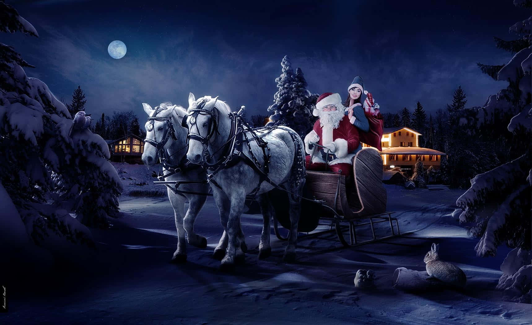 Santa Claus Riding His Sleigh in a Snowy Winter Night