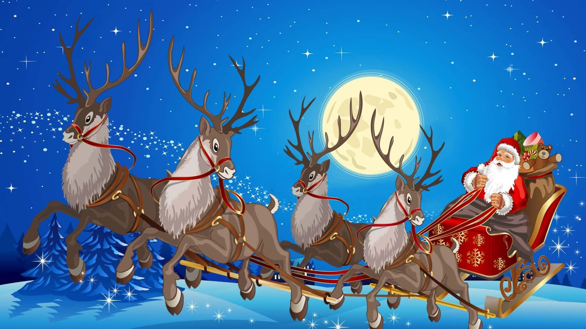 Santa Claus happily riding his sleigh through the snowy night sky